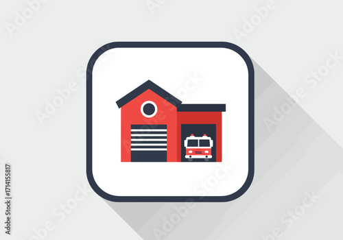 A cartoon fire station sits within a rounded square featuring a fire truck and garage door