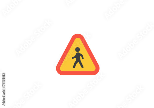 A caution sign is displayed featuring a pedestrian symbol against a yellow triangle with rounded corners and a red border