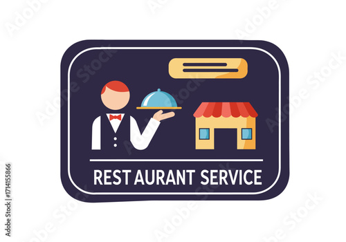 A dark blue badge featuring a server restaurant and text RESTAURANT SERVICE