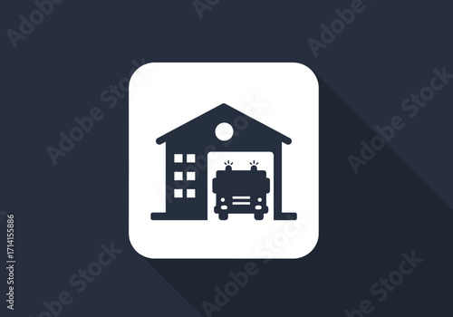 A dark building icon with a fire truck inside set on a white square