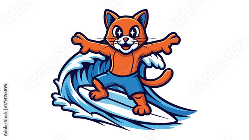 Cat Surfing the Wave: An orange cat, full of vibrant energy, surfs a cresting wave with infectious joy, his arms wide, embodying the thrill of aquatic adventure and a splash of fun.