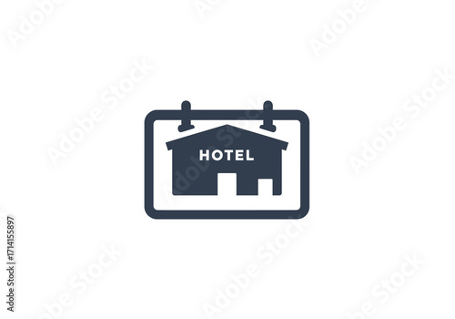 A dark blue hotel sign It depicts a building with the word HOTEL on its side in a rectangular frame suspended by two supports