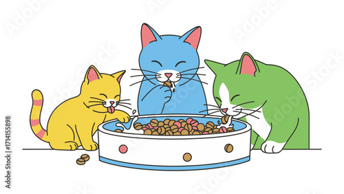 Colorful Cats' Mealtime: Three playful cartoon cats of vibrant colors share a meal from a communal bowl. Witnessing the unique characters engaging in their shared mealtime.