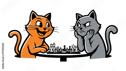 Cat Chess Match: Two cartoon cats are engaged in an intense chess game, their contrasting expressions conveying strategy and amusement. Witness the playful competition between them.
