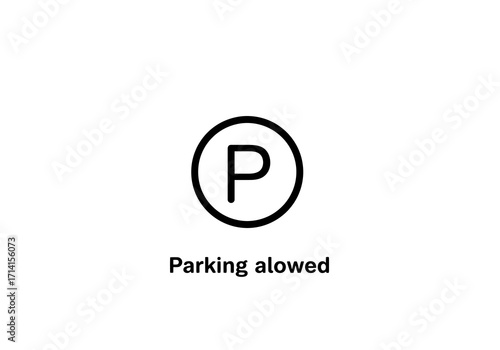A parking sign featuring a P in a circle above the words Parking alowed in a simple black and white design