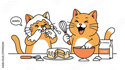 Cat's Kitchen Calamity: Two cartoon cats experience a culinary chaos, one sneezing a cake and the other stirring in the bowl. An illustration capturing the charm of a playful moment in the kitchen. 