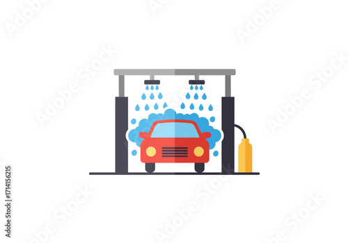 A red car in a gray carwash with blue water jets and blue soap bubbles