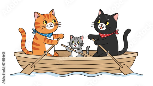 Cats Rowing Boat: Adorable cartoon cats in a small wooden boat on a bright sunny day. Each cat has its own paddle, steering through water with a determined effort to get to the destination!