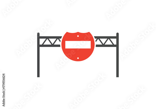A road sign red circle with white bar mounted on a dark grey overpass structure