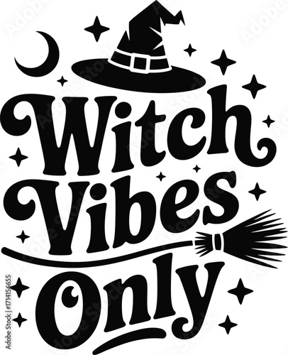 Black witch hat crescent moon stars and broomstick with text
