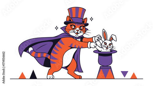 Magician Cat with Bunny: A whimsical cartoon captures a playful cat, donned in a magician's hat and cape, conjuring a cute bunny from a classic top hat, against a clean backdrop. 