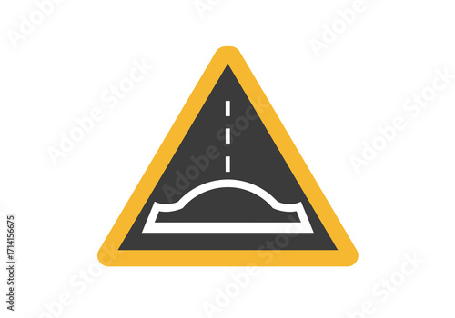 A road sign triangular with yellow border alerts to a speed bump hazard