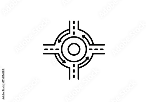 A roundabout icon showing roads converging around a circular center with arrows indicating traffic flow