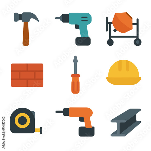 Construction tools and safety gear in modern flat design