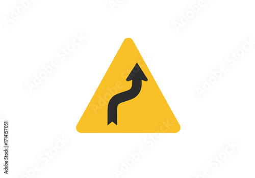 A yellow triangular road sign displays a black arrow suggesting an upcoming winding or curving road ahead