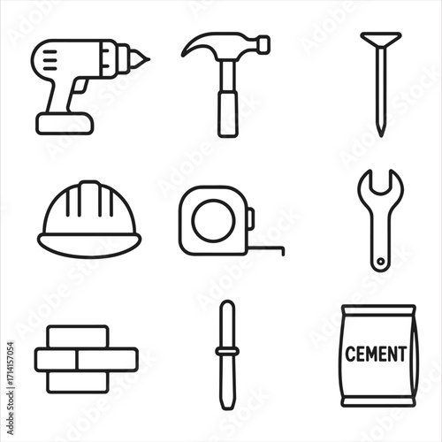 Construction tool icons set featuring linear style hammer, drill, wrench, and more