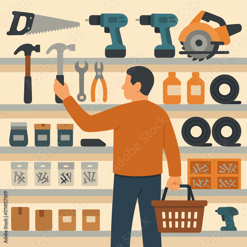 Man choosing tools in hardware store aisle with variety of construction equipment on shelves