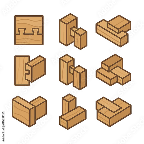 Wood joinery techniques: isometric wooden joints on brown background