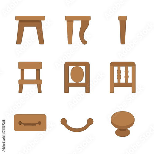 Minimalistic wooden furniture icons set on brown gradient background