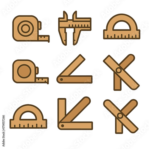 Outline set of measuring tools: calipers, compasses, rulers, and more on brown background