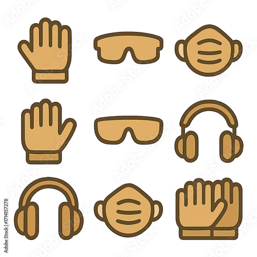 Essential safety equipment icons on brown background