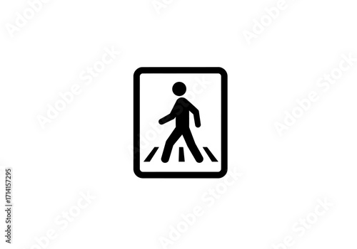 Black pedestrian crossing sign with a walking figure over zebra stripes within a black roundedcornered rectangle