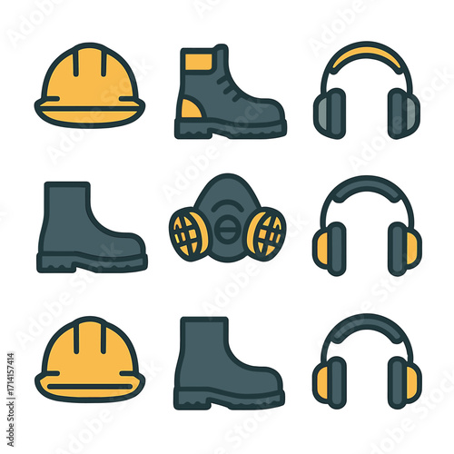 Essential safety equipment icons for construction and industrial workplaces