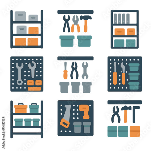 Modern garage organization and tool storage in flat design