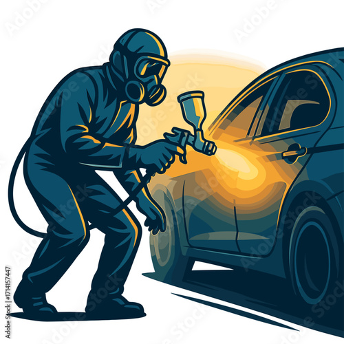 Spray painter at work: vibrant car refinish in dramatic colors