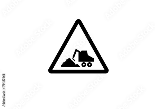 Black triangle sign shows an excavator digging into a pile of dirtrubble