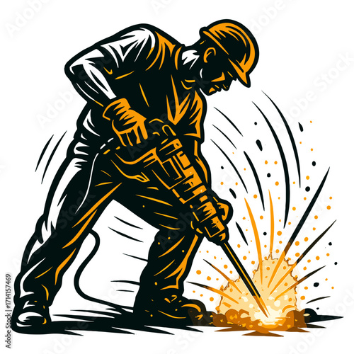 Worker using jackhammer with dynamic sparks in dramatic silhouette style