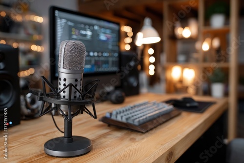 Condenser microphone prominently displayed on a wooden desk in a cozy, warm-toned home studio