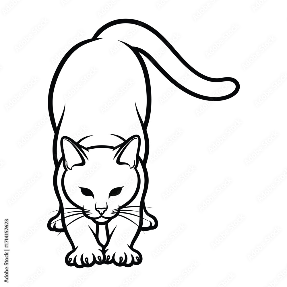 Fototapeta premium Playful Feline's Stretch: A minimalist illustration captures the elegance of a domestic cat as it arches its back in a graceful stretch, showcasing the animal's flexibility and inherent charm.