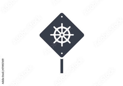 Dark diamond sign with a white ship wheel inside and a pole supporting it