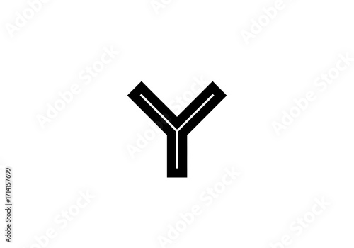 Hollow black stylized letter Y with defined negative space within its form centrally positioned on a white background