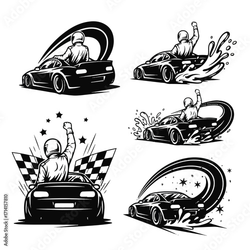 Monochrome illustrations of race cars with drivers celebrating victory, showcasing speed and motion.