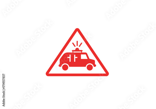 Red ambulance inside a red triangle sign