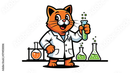 Curious Cat in a Lab: A friendly cartoon cat, dressed in a lab coat, holds up a test tube filled with vibrant green liquid, surrounded by scientific glassware and bubbles.