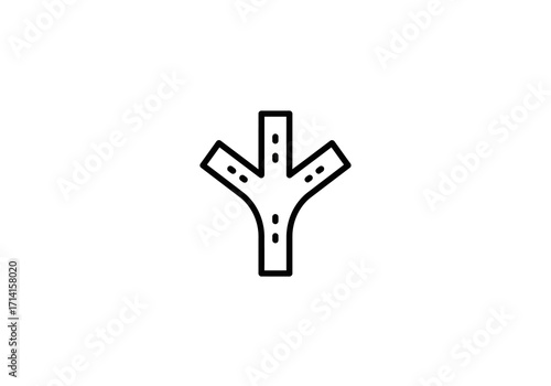 Road forks into three directions each indicated with a dashed line representing lanes