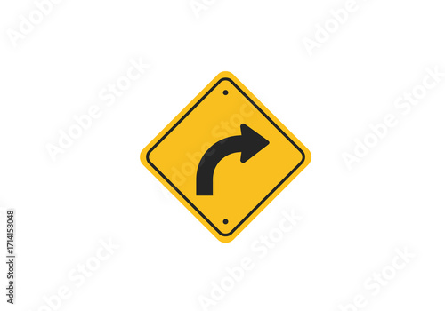 Road sign a yellow diamond with a curved black arrow pointing right