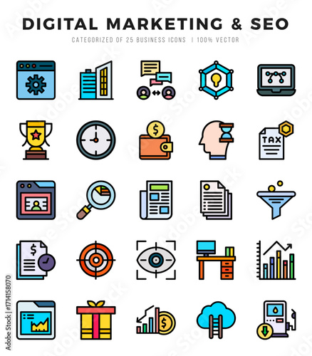 Vector Digital Marketing & SEO types icon set in Lineal Color style. vector illustration.