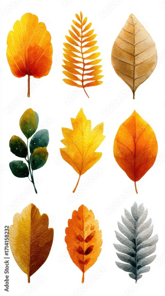 Obraz premium Colorful autumn leaves in various shapes and sizes on a white background showcasing seasonal beauty and nature