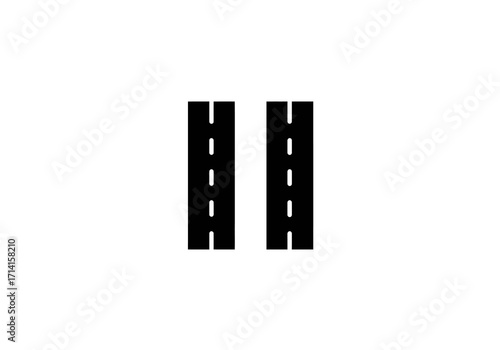 Two parallel black road sections with dashed white lines down the center isolated on a white background
