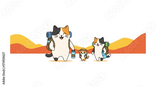 Adventureous Cat Family: A cheerful family of adventurous cats with backpacks embarks on a hike through a cartoon desert landscape, embodying the spirit of togetherness and exploring new horizons.