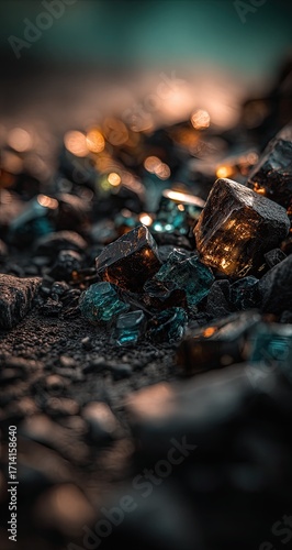 Close-up of textured rocks with amber & teal hues