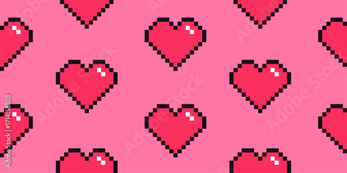 Pixel art seamless pattern. Retro 8-bit love heart icon on pink background. Romantic wallpaper, nostalgic backdrop for Valentine’s Day.