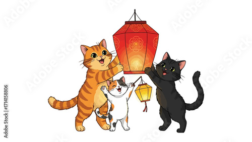 Joyful Felines and Festive Lanterns: Three playful cats gather around festive lanterns, radiating warmth and a sense of togetherness in this delightful illustration.