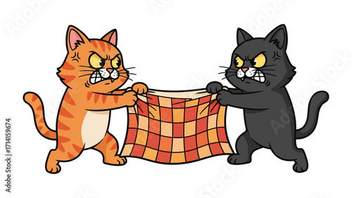 Furious Feline Feud: A cartoon illustration captures two angry cats in the midst of a heated tug-of-war over a checkered blanket, their faces contorted in rage and determination.