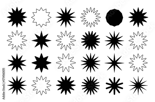 Collection of Black and White Starburst and Star Shapes on White Background