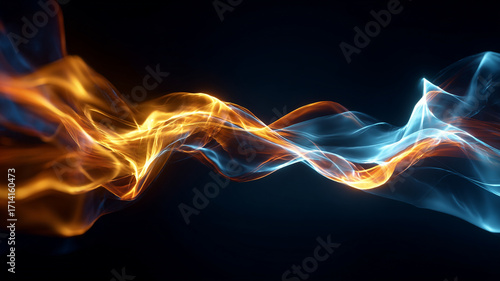 Abstract fire and ice concept, glowing blue and orange energy waves colliding